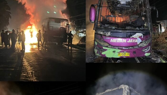Diduga Konsleting Listrik. Bus Medan Jaya, Terbakar. Piket Polres Musi Rawas Utara Bersama Masyarakat Berjibaku Memadamkan Api