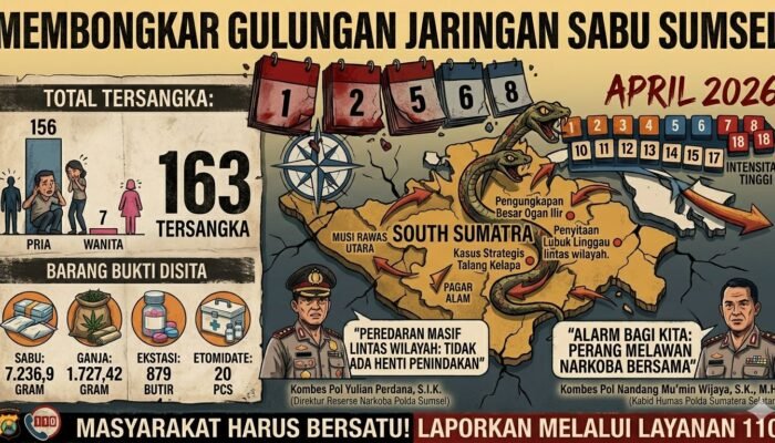 Polda Sumsel Sita Lebih dari Tujuh Kilogram Sabu dalam 18 Hari Pertama April 2026, 163 Tersangka Ditangkap