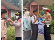 Personil Satlantas Polres Musi Rawas Bagikan Masker Gratis Ke Pelajar SMA Negeri 1 Rupit